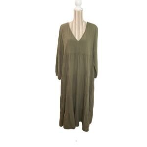 Universal Thread olive green 100% cotton gauze long sleeve tiered maxi dress